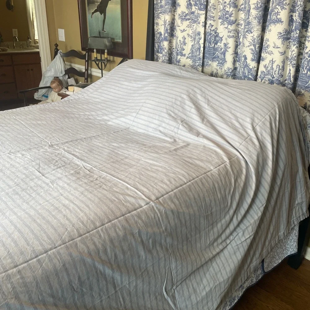 Vtg Lauren Ralph Lauren BlueGray Ticking Stripe 100%‎ Cotton Full Sheet Set READ